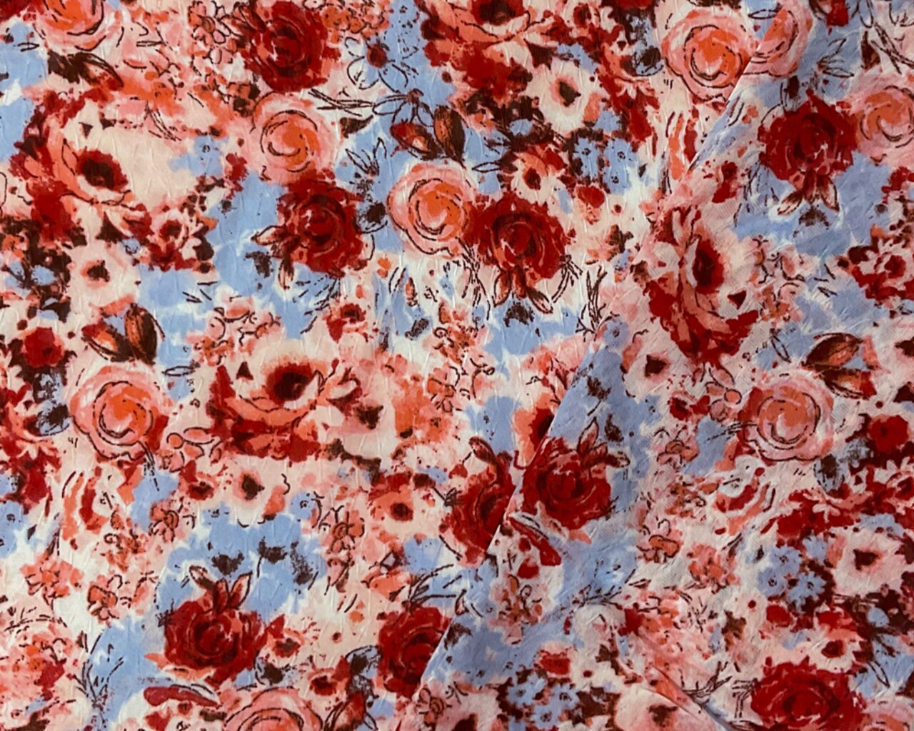 Red-Multi Poly Floral Printed Ogee Dobby Chiffon Woven Fabric By the Yard